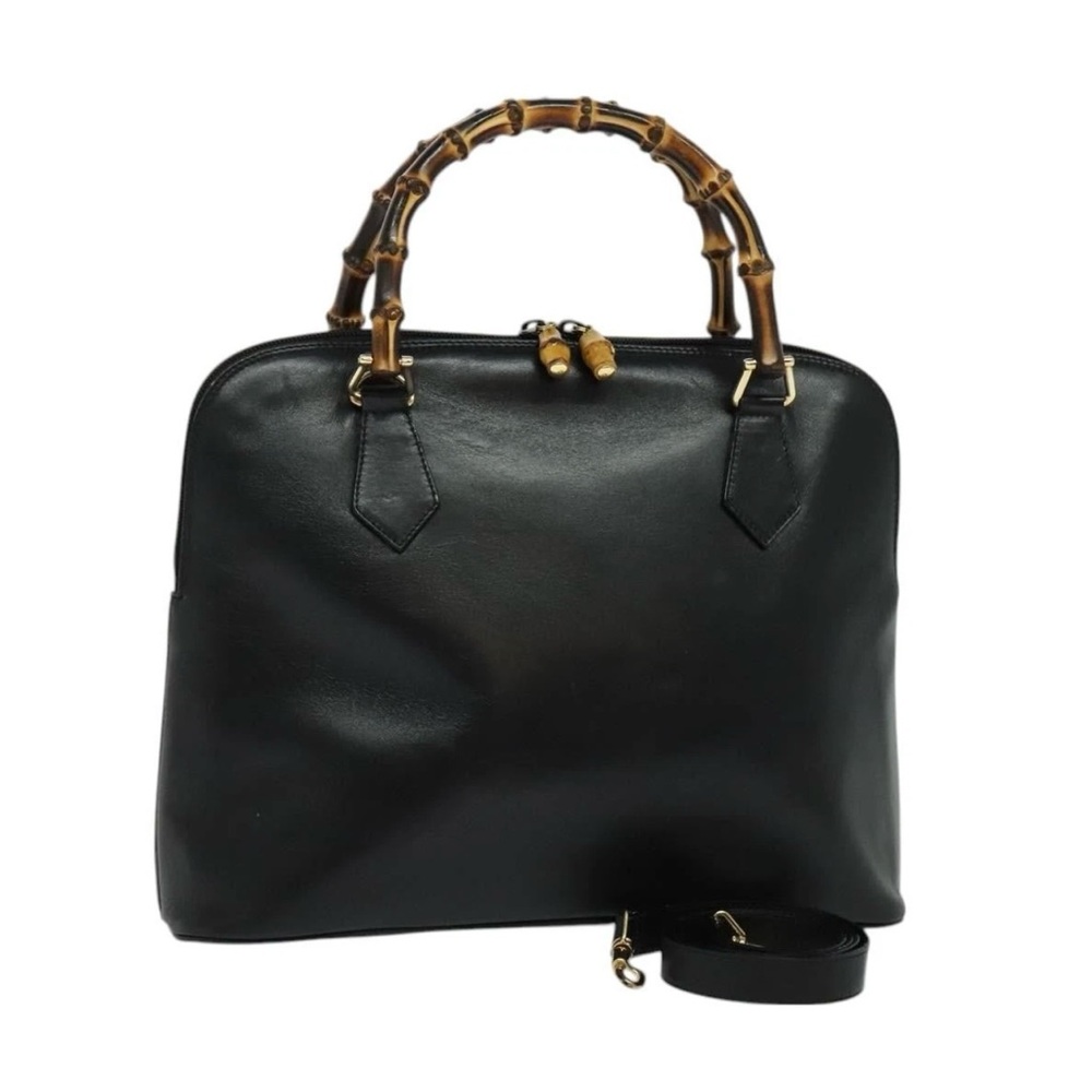 Gucci Bamboo Black Leather Two-Way Top Handle Handbag/Authentic